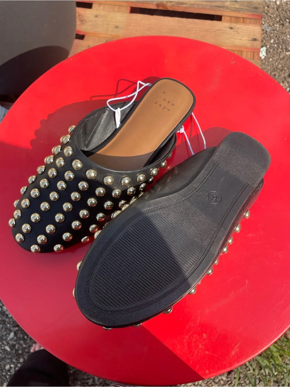 a new day Black Mule Slides with Gold Studs